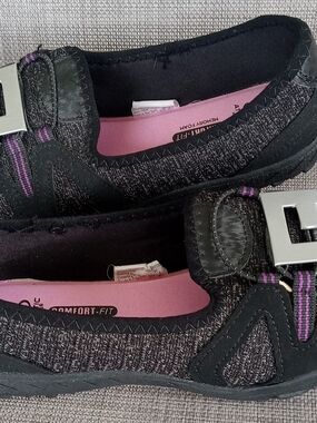 Athletic Works Black Slip-On Flats with Pink Insole and Purple Stitching